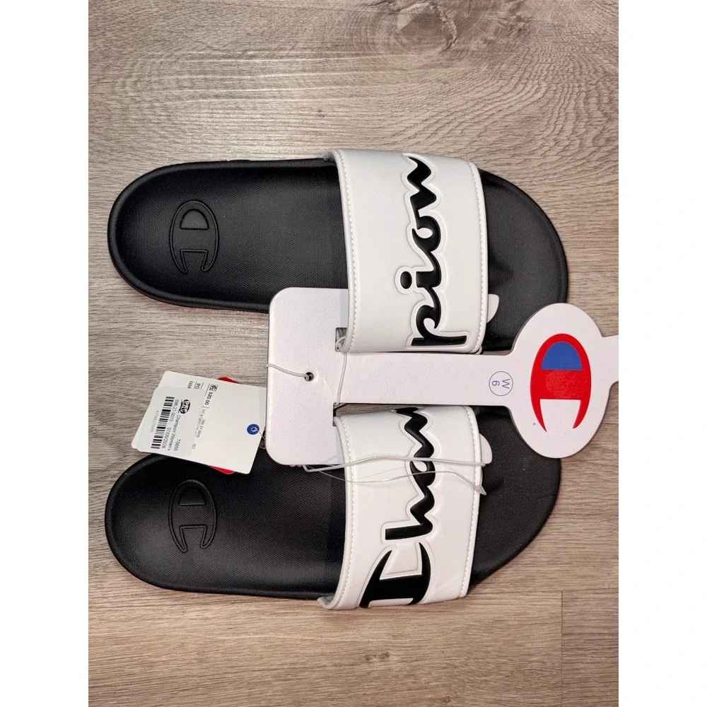 Champion Women IPO Squishy Slides Black White Athletic Sandals W6 T0650
